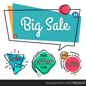 Big sale geometric posters with 50 and 90 percent discount, hot price best offer banners in flat memphis style. Vector illustration of info about sales in speech bubbles, promo offer round shape. Memphis Style Geometric Sale Banners, Final Price
