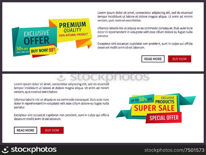 Big sale, mega discount and hot price advertising phrases banner set with text. Special exclusive offer landing page sample for shops and stores e-commerce.. Big Sale Mega Discount and Hot Price Page Sample