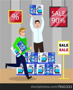 Big sale on appliances in store. Men holding electric kettles in hands. Shopping in electronics supermarket. Lower price on technical devices, up to 90 percent off. Vector illustration in flat style. Men Holding Electric Kettle, Shopping Appliances