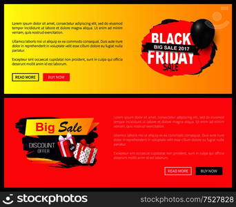 Big sale on Black Friday, promo labels with balloon and gifts vector on online sites templates. Tags or advertising badges with info about price reduction. Big Sale on Black Friday Promo Labels with Balloon