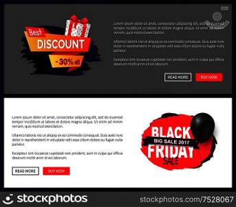 Big sale on Black Friday, promo labels with balloon and gifts vector on online sites templates. Tags or advertising badges with info about price reduction. Big Sale on Black Friday, Tags Advertising Badges