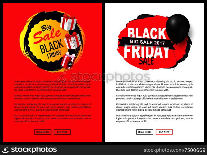 Big sale on Black Friday, tags or advertising badges with info about price reduction. Promo labels with balloon and gifts vector on web poster with text. Big Sale on Black Friday, Tags Advertising Badges