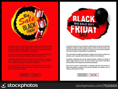Big sale on Black Friday, tags or advertising badges with info about price reduction. Promo labels with balloon and gifts vector on web poster with text. Big Sale on Black Friday, Tags Advertising Badges