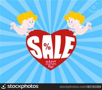 Big sale on Valentines day. Cupid and big heart. Discounts at gala Feb. 14. Hilarious Cupid holds love.&#xA;