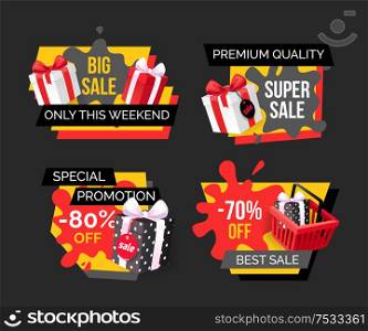 Big sale only this weekend, price reduction isolated banners set vector. Basket with present in wrapping, super offering, proposition of stores tag. Big Sale Only This Weekend, Price Reduction Set