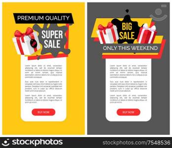 Big sale only this weekend prices off vector web templates. Giftbox with ribbon, presents and gift in box. Special discounts and new offers, super price. Big Sale at Weekend Shop Tags Vector Web Templates
