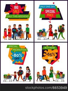 Big sale only this weekend, set of images with excited family and their packages with bought things vector illustration isolated on white. Big Sale Only This Weekend Set Vector Illustration