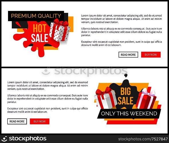 Big sale only this weekend shop sale vector landing page sample. Giftbox with ribbon, presents and gift in box. Special discounts and new offers. Big Sale Only This Weekend Web Page with Gift Box