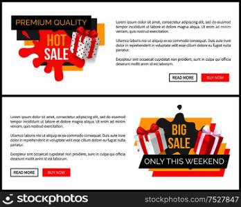 Big sale only this weekend shop sale vector landing page sample. Giftbox with ribbon, presents and gift in box. Special discounts and new offers. Big Sale Only This Weekend Web Page with Gift Box