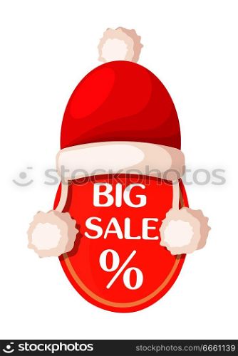 Big sale oval tag with percent sign inside and Santa Claus hat on top isolated. Time for seasonal discounts in shops. Vector illustration of label decorated with Christmas cap in flat design. Big Sale Oval Tag with Percent Sign and Santa Hat
