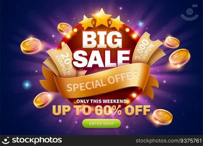 Big sale pop up ads with coupons and golden coins near the round marquee light board for publicity, glittering purple background. Big sale pop up ads with coupons