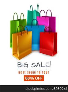 Big Sale Poster. Big sale poster with colored paper shopping bags with handles on white background 3d vector illustration