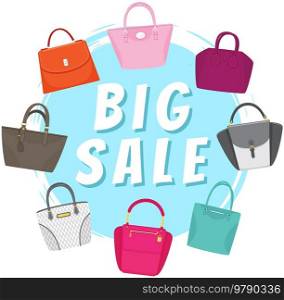 Big sale poster with womens bags. Discount, special offers promotion, shopping advertisement. Hand drawn style vector design illustration shop now concept, black friday marketing advertising template. Big sale poster with womens bags. Discount, special offers promotion, shopping advertisement