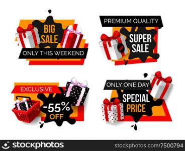 Big sale, premium products, special price set of banner vector. 50 percent reduction, exclusive offering, proposition to customers. Presents in basket. Big Sale, Premium Products, Special Price Set
