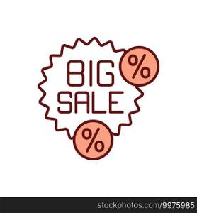 Big sale RGB color icon. Marketing strategy. Consumerism and retail. Percent off purchase. Online shopping. Discount, special price. Seasonal clearance sale, black friday. Isolated vector illustration. Big sale RGB color icon