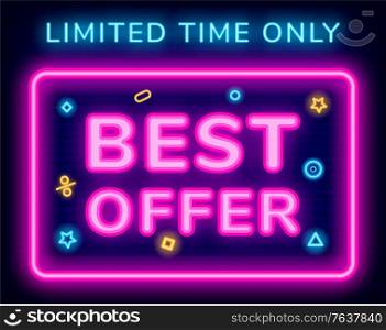 Big sale, save up your money, limited time only. Vector billboard illustration with violet and blue caption. Lower price on products, best offer for people. Advertisement using neon designed board. Best Offer on Sale, Limited Time Only, Neon Board