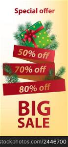 Big Sale Special Offer banner design. Red ribbon, Christmas gift and fir tree branches on yellow background. Template can be used for retail posters, flyers, signs