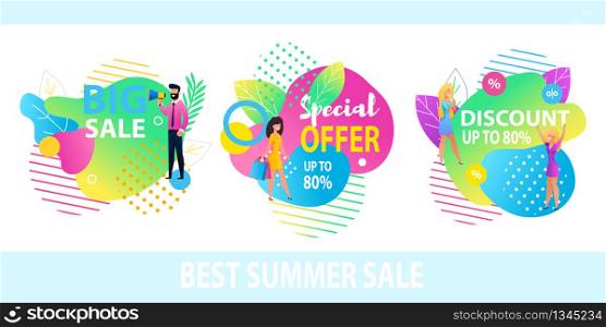 Big Sale Special Offer Best Discount Banner Set. Happy Cartoon Woman Buy Clothes. Girl Shopping Man Promotion Vector Illustration. Online Shop Internet Store. Summer Spring Season Clearance.. Big Sale Special Offer Best Discount Banner Set