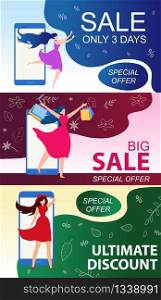Big Sale Special Offer Flat Cartoon Vector Illustration. People Making Purchases on Seasonal Sales. Women Buying Clothes with Discount on Background Mobile Phone Screen. Girl with Shopping Bags.