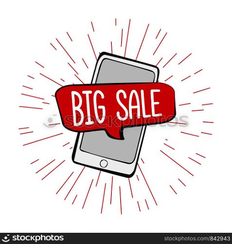 big sale speech bubble on smartphone screen,cool doodle vector illustration. subscribe button with cursor,