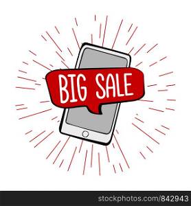 big sale speech bubble on smartphone screen,cool doodle vector illustration. subscribe button with cursor,