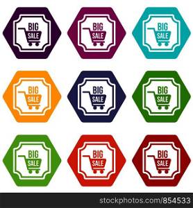 Big sale sticker icon set many color hexahedron isolated on white vector illustration. Big sale sticker icon set color hexahedron