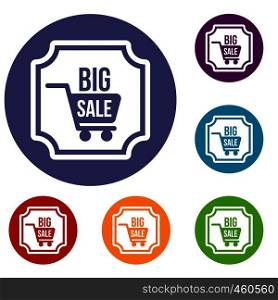Big sale sticker icons set in flat circle reb, blue and green color for web. Big sale sticker icons set