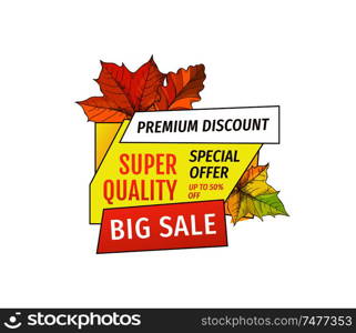 Big sale super quality special offer up to 50 percent discount promo label isolated. Autumn half price advertising emblem, foliage and leaves vector. Sale Super Quality Special Offer 50 Percent Off