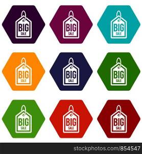 Big sale tag icon set many color hexahedron isolated on white vector illustration. Big sale tag icon set color hexahedron