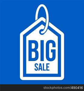 Big sale tag icon white isolated on blue background vector illustration. Big sale tag icon white