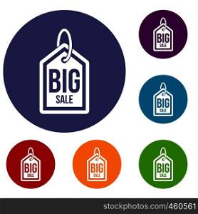 Big sale tag icons set in flat circle reb, blue and green color for web. Big sale tag icons set