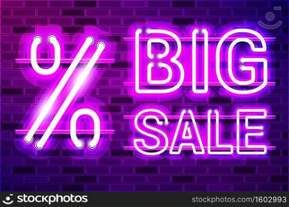 BIG SALE≤ttering with a lar≥per¢symbol glowing≠on l&sign. Realistic vector illustration. Purp≤brick wall, vio≤t glow, metal holders.. BIG SALE≤ttering with a lar≥per¢symbol glowing purp≤≠on l&sign