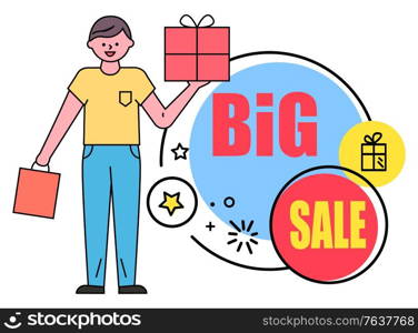 Big sale vector, promotional banner with shopper in flat style. Personage holding gift bought in shop for holidays. Box decorated with ribbon and wrapping paper. Clearance and big deal from store. Big Sale Promotional Banner for Holidays Vector