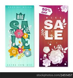 Big sale vertical banners in paper style with white and colored flowers and percentage discount isolated vector illustration. Big Sale Vertical Banners