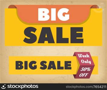 Big sale week only 50 percent off logotype in yellow color. Limited promotion icon for shopping business. Clearance sale sign for advertising retail. Marketing symbol template seasonal poster vector. Shopping Promotion Big Sale and Discount Vector