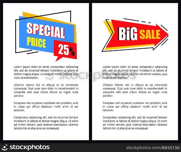 Big sale with special price promo posters with information. Banners with sample text and stickers with signs about discount vector illustrations.. Big Sale with Sppecial Price Promotional Posters