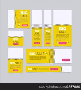 Big sale yellow web banner design template. Vector flyer with text space. Advertising placard with customized copyspace. Promotional printable poster for advertising. Graphic layout. Big sale yellow web banner design template