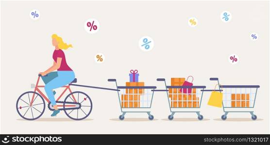 Big Sales in Shop, Seasonal Discounts, Low Price Offer in Supermarket Flat Vector Concept. Woman Riding Bicycle, Pulling Shopping Carts Full of Wrapped Gifts, Goods in Cardboard Boxes Illustration