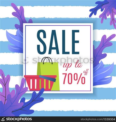 Big Sales Proposition. Summer Advertisement. Seasonal Price Fall. Discount up to 70 Percent. Vector Illustration with Promo Text in Frame, Foliage and Stripes on Backdrop. Marketing and Commerce. Big Sales Proposition Advertisement for Summer