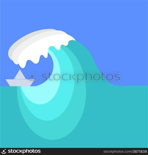 Big Sea Wave and Paper Ship. Sea Wave Background. Marine Storm.. Big Sea Wave and Paper Ship