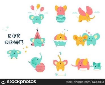 Big set, bundle of cute little elephants in different poses. Vector illustration. Big set of cute little elephants in different poses. Vector illustration