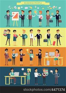 Big set business people characters in flat style design. Meeting, brainstorm, planning, success, work process, coffee break concept. Variety human personages in workflow process vector illustration.