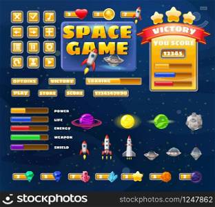 Big set buttons icons elements for Space game cartoon casual games and app. Big set buttons icons elements for Space game cartoon casual games and app. 2D video game UI kit icon for mobile games and background. Graphical user interface, GUI, menu. Vector isolated