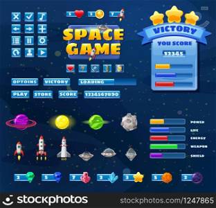 Big set buttons icons elements for Space game cartoon casual games and app. Big set buttons icons elements for Space game cartoon casual games and app. 2D video game UI kit icon for mobile games and background. Graphical user interface, GUI, menu. Vector isolated