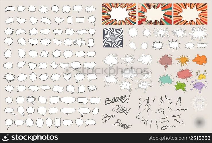 Big set cartoon speech bubble collection with starburst - splash - crack - ink - crunch - halftone shapes and signs in cartoon style - pop art retro.Comic background.Communication concept