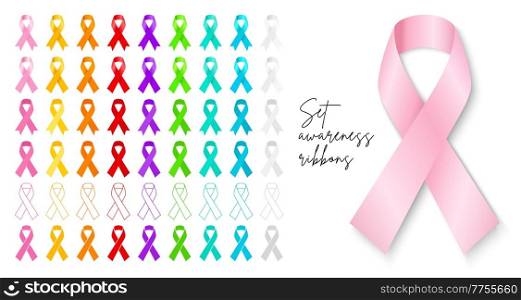 Big set color awareness ribbon different style. Pink ribbon with shadow Symbol of breast cancer awareness month in october.. Big set awareness ribbon. Pink ribbon with shadow Symbol of breast cancer awareness month in october. Template for poster.