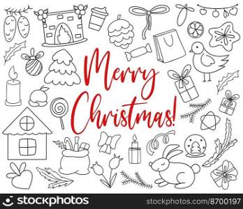 Big set doodle christmas design elements. Hand drawn sketch christmas and new year. Winter collection vector illustration. Big set doodle christmas design elements