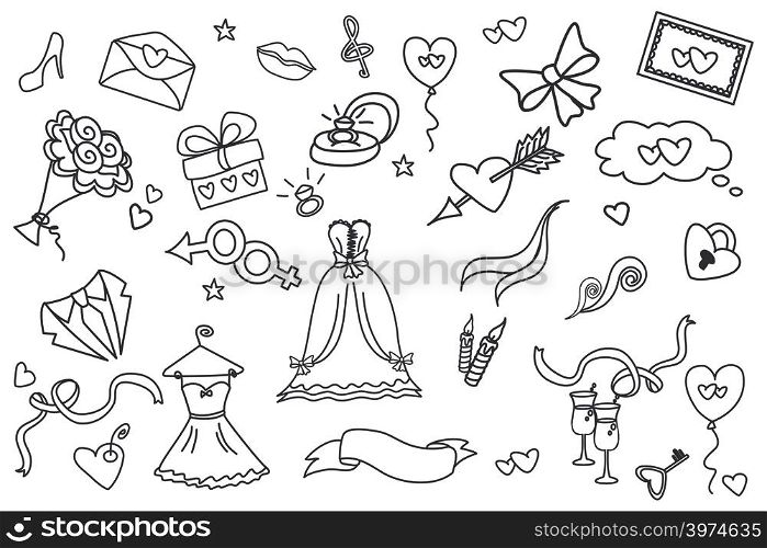 Big set doodle wedding objects, hand drawn, vector illustration. doodle wedding set, hand drawn