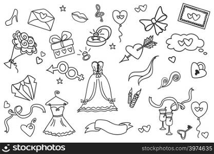 Big set doodle wedding objects, hand drawn, vector illustration. doodle wedding set, hand drawn