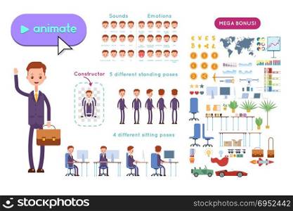 Big set for animating business advertising. Young businessman in a purple suit holds a briefcase and waves his hand. On a white background